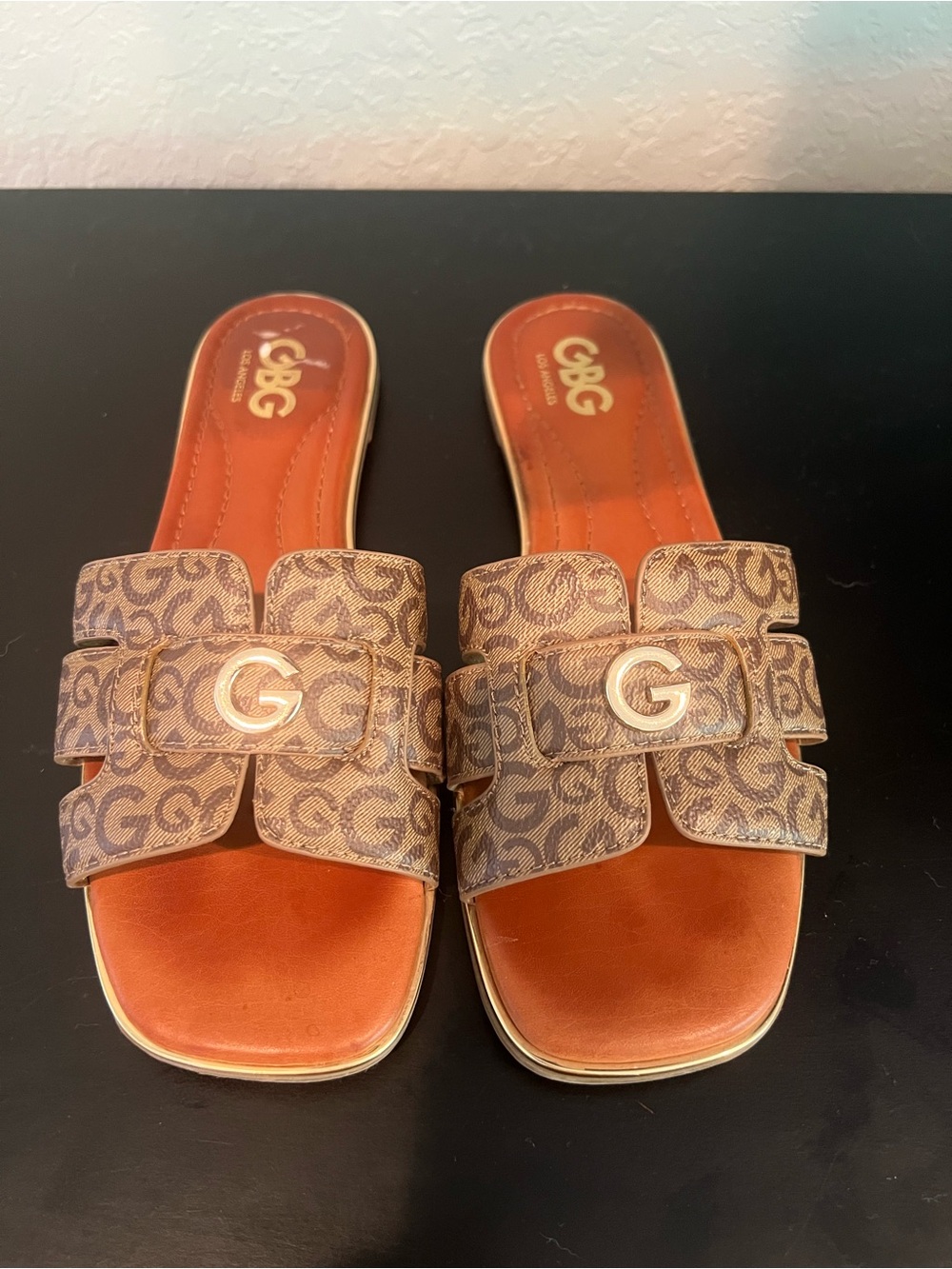 G by G&C Monogram Brown Slide Sandals 8.5